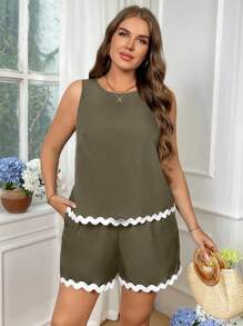 SHEIN LUNE Plus Size Wavy Hem Contrast Trim Sleeveless Casual Short 2 Pieces Set