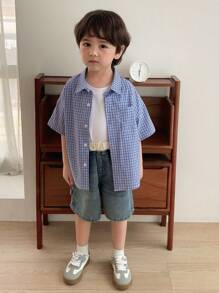 DAZY 小男孩格子短袖单排扣口袋休闲衬衫，夏季 - 藍色 - 查看 3