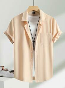 Manfinity Homme Men's Plain Single-Breasted Casual Short Sleeve Shirt Beige Shirt Men Cream Shirt Men Men Cream Shirt Beige Button Up Men Men Beige Button Up Shirt - Apricot - View 3