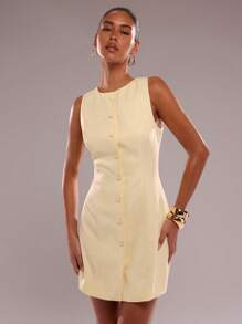 SHEIN BAE Summer Butter Yellow Minimalist Mini Dress Is Suitable For Commuting Leisure, Daily Street, Going Out, Gathering, Girlfriends Gathering, Party, Work Dress,Teacher Outfits For Women - Yellow - View 5