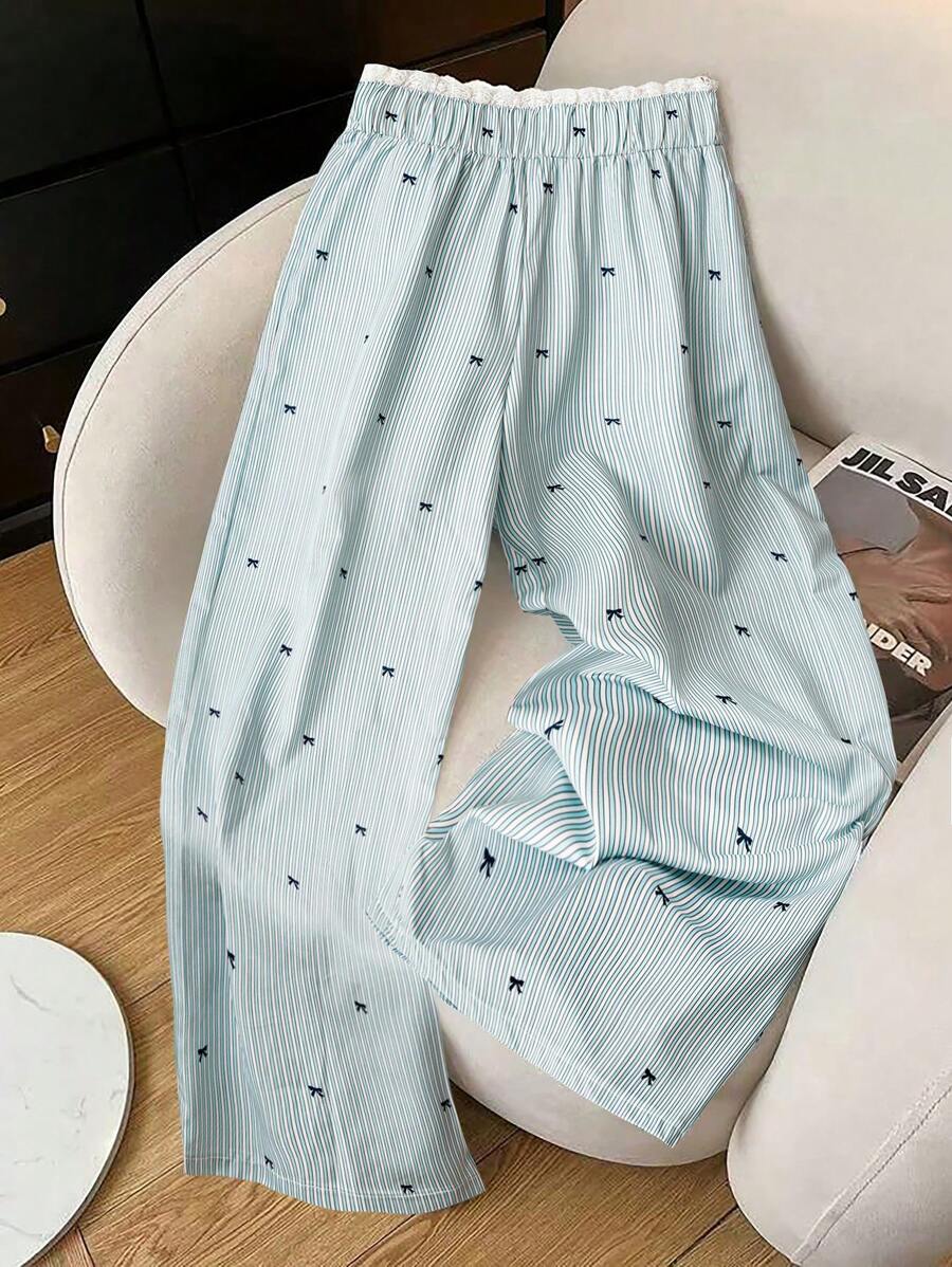Elenzga Pantalones anchos de mujer casuales y sueltos con lazo, rayas y encaje en la cintura