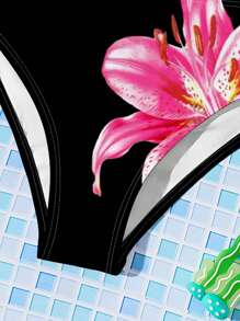 Ensemble de bikini à fines bretelles avec imprimé floral d'hibiscus, frangipanier et lys, décontracté et minimaliste, pour les préadolescentes, adapté pour les vacances à la plage en été