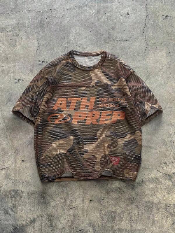 AXEPEAK Men's Casual Summer Loose Knit Letter & Camouflage Print Crew Neck Short Sleeve T-Shirt, Streetwear Style