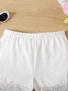 Tween Girls Casual Fashionable White Knit Lace Trim Snug Fit Shorts