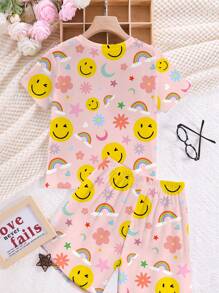 SHEIN Leap Crew Tween Girl Smile Face Printed Casual Sleepwear Short Sleeve Top And Shorts Set, Snug Fit - Multicolor - View 2