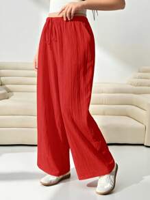 Solflare 女士加大码宽松红色梭织长裤 - 紅色 - 查看 5