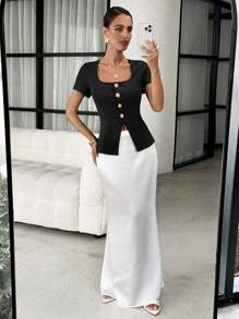 Lavishia 女式方领金属花朵纽扣衬衫，时尚衬衫优雅夏季度假商务休闲可爱 - 彩色 - 查看 6