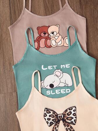 3pcs/Set Cartoon Print Cami Top And Shorts Pajama Set Summer Sleep Wear Sets Cami Sets