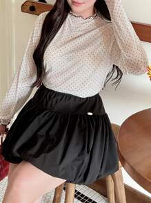 Dazy Plus Plus Size Women Contrast Color Patchwork Stand Collar Mesh Polka Dot Top Sheer Blouse T-Shirt