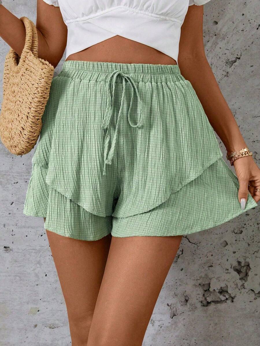 SHEIN LUNE Quần short rộng rãi họa tiết trơn màu mùa hè - màu xanh lá - Xem 1