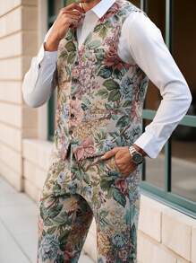 Manfinity Homme Conjunto de chaleco y pantalones de talla grande para hombre, de una hilera y estampado floral, informal - Albaricoque - Ver 5