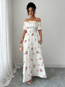 Elenzga 女士优雅时尚通勤休闲舒适迷人复古优雅淑女温柔浪漫度假单肩荷叶边泡泡袖收腰 A 字下摆花卉印花连衣裙（随机印花） - 杏色 - 查看 6