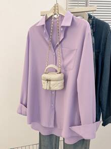 INAWLY Camisa casual de mujer de manga larga, de un solo pecho, de un solo bolsillo, de unicolor, para otoño