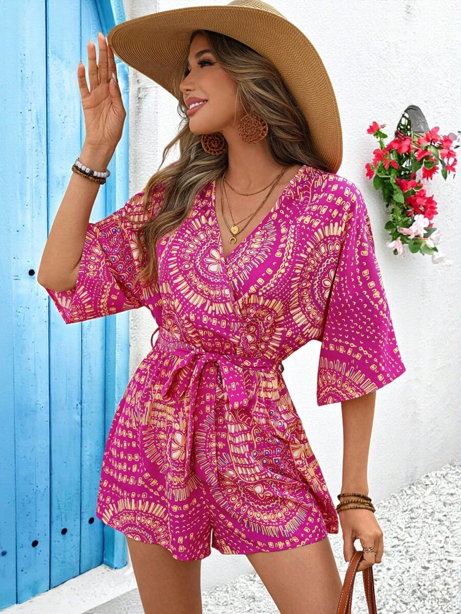 Vivid Eden Women's V-Neck Wrap Around Cinched Waist Floral Print Jumpsuit, Suitable For Vacation, Women Summer Clothing,Vacation Style,For Beach Vacation - Hot Pink - View 1