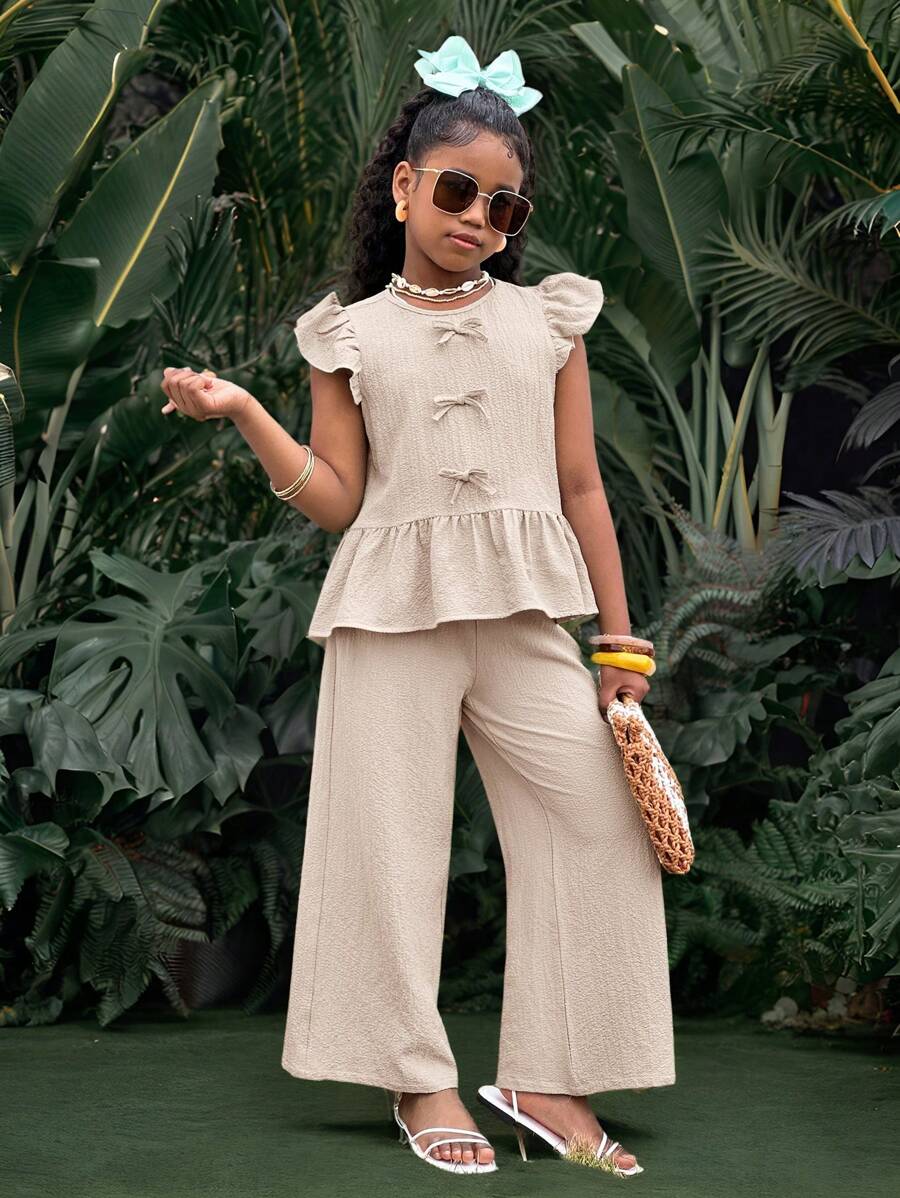 SHEIN Leap Crew 青少年女孩休闲度假纹理编织荷叶边领蝴蝶结衬衫和休闲阔腿裤两件套 - 杏色 - 查看 1
