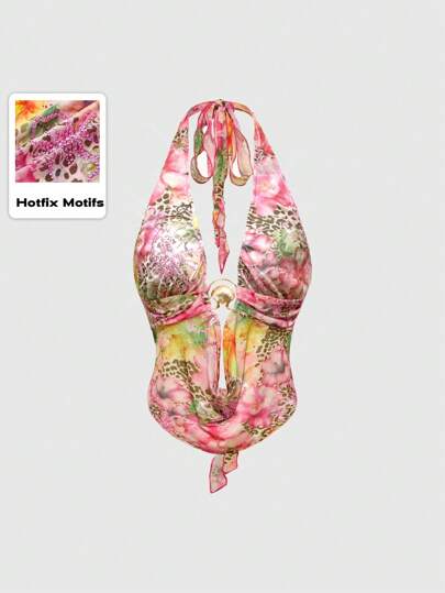 Top halter senza schienale sexy in stile Y2K per donna, decorato con strass rosa, in stile retrò da vacanza sull isola