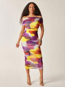 Vixey Purple And Yellow Large Floral Print Off Shoulder Ruched Mesh Midi Dress,Summer,Chic,Vacation,Holiday Wedding Guest Summer Outfits For Women Clothes - Purple - View 3