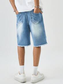 Manfinity Roghcode Men's Light Wash Denim Bermuda Shorts Ripped Detail Avant-Garde Street Casual Jean Shorts For A Look - Light Wash - View 2