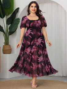 Modelyn Plus Size Spring/Summer Maxi Romantic Floral Print Fitted Elegant Contrast Mesh Insert Mermaid Hem Vacation Dress - Black - View 4