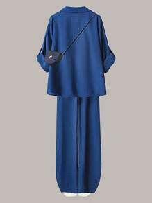 Linhara 大码女式两件套纯色翻袖单排扣休闲/办公衬衫和高腰宽松阔腿裤