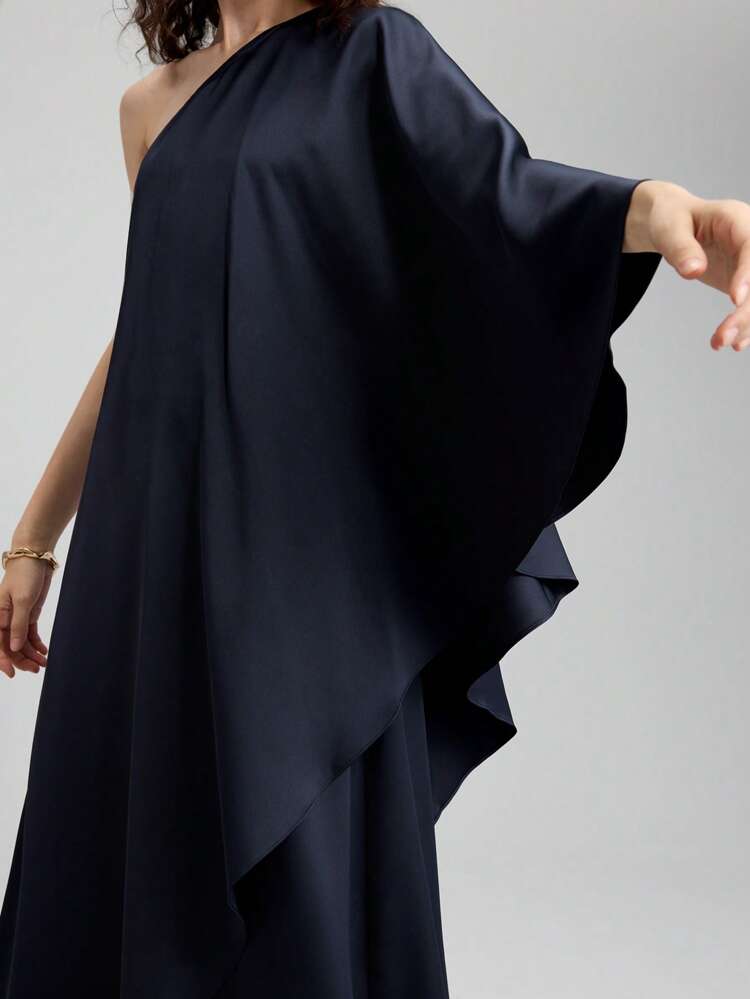 Women's Solid Color One-Shoulder Batwing Sleeve Loose Long Dress, Vacation Style Loose Comfortable Elegant Maxi Dress, Casual Maxi Dress, Suitable For Vacation, Wedding And Other Events