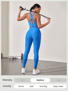 FeatherFit™-Sculpt V Neck Racerback Sports Bra Tank Top Medium Support Workout Gym  Spring Summer - Blue Power - View 6