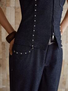 MOTF PREMIUM STUDDED DETAIL HALTER DENIM TOP & FLARE LEG JEANS - Royal Blue - View 3