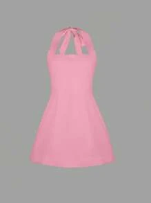 INAWLY Women's Solid Color Halter Neck Zipper Back Mini Graduation Dress, Summer - Pink - View 3