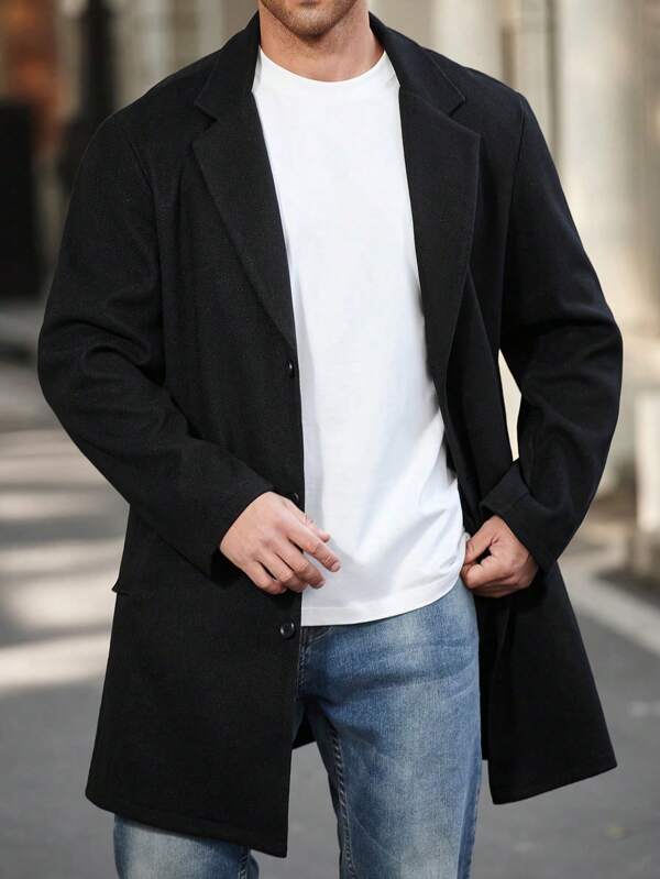 Manfinity Homme Plus Size Men's Solid Color Simple Fashionable Casual Wool Coat, Everyday Wear