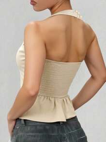 Women's Solid Color Halter Neck Sexy Backless Crop Top - Apricot - View 2
