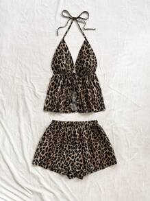 Soleia 1 套女士加大码时尚经典豹纹 V 领露背系带性感背心和宽松超短裤套装，适合约会、派对、休闲街头风格 - 彩色 - 查看 3