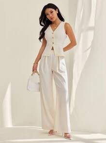 SHEIN PETITE Bộ vest và quần blazer không tay thanh lịch dành cho nữ, phù hợp cho công sở/đi làm, mùa hè - Màu be - Xem 3