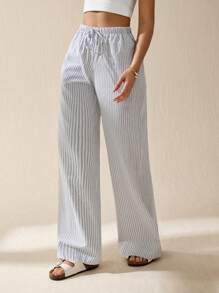 SHEIN Tall Women's Casual Summer Outfits Drawstring Waist Striped Long Pants For Daily Wear,Fall Women Clothes - White - View 5
