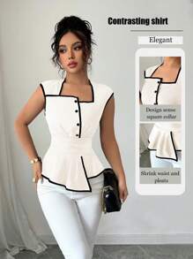 Rafferiza Women's Sleeveless Square Neck Waist-Defined Flare Hem Elegant Casual Commute Work Versatile Collared Blouse, Contrast Black & Apricot Color, Spring/Summer - Apricot - View 1