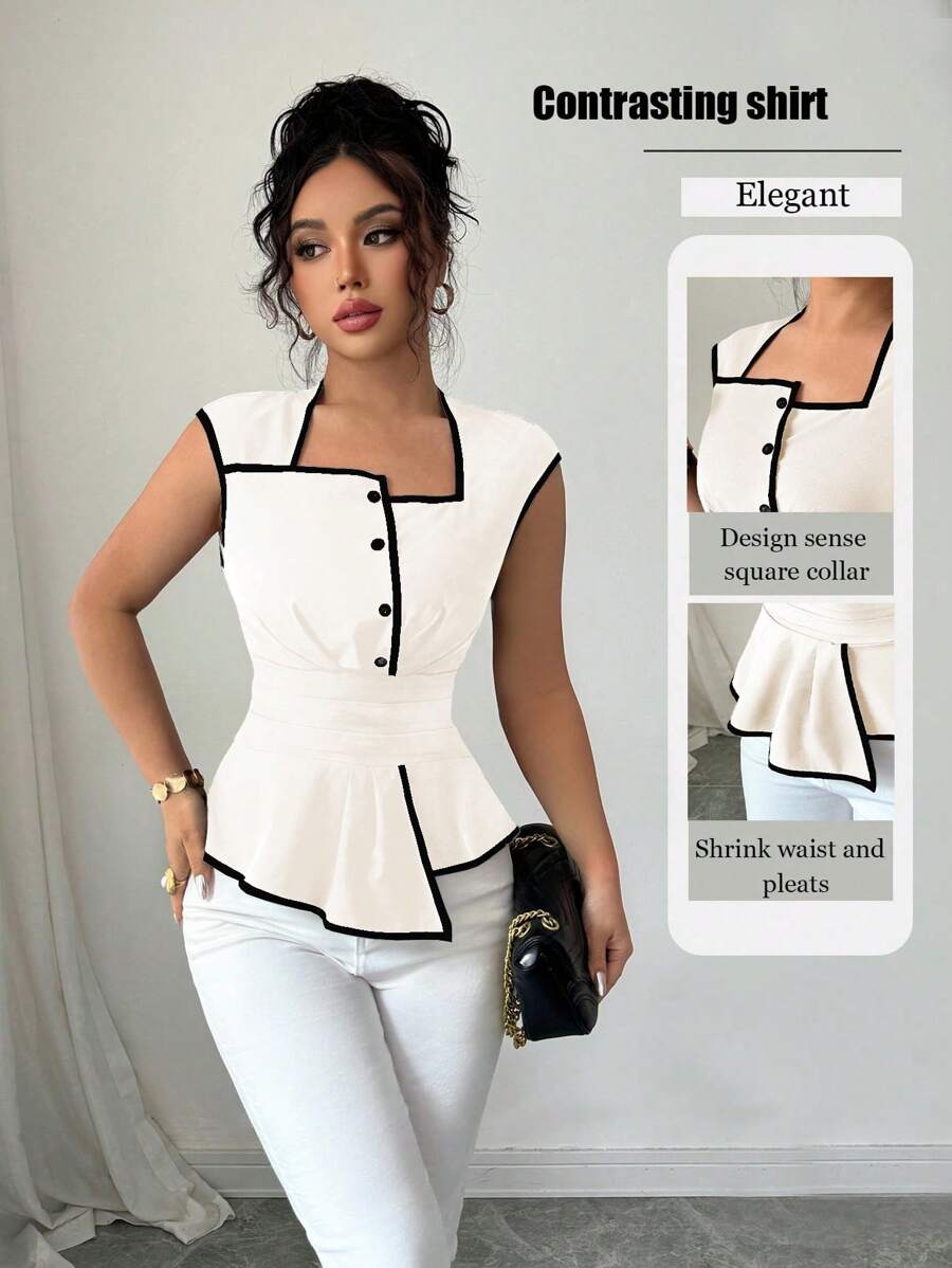 Rafferiza Women's Sleeveless Square Neck Waist-Defined Flare Hem Elegant Casual Commute Work Versatile Collared Blouse, Contrast Black & Apricot Color, Spring/Summer - Apricot - View 1