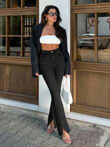 EURMUSE Casual Washed High Waist Split Hem Fitted Flare Leg Jeans - Black - View 3