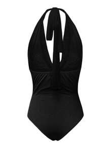 Women's Solid Color Plunging Neck Bodysuit - Black - View 2