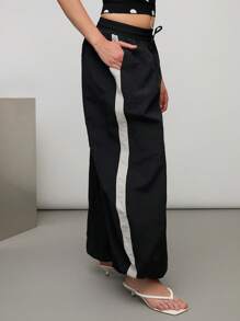 COUREZ Low Rise Baggy Barrel Nylon Joggers With Side Stripe , Summer For Women Summer Bottoms , Street Casual, Y2K Vintage - Black - View 5