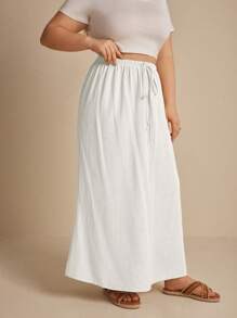 SHEIN PETITE CURVE 大码女式纯色简约抽绳半身裙 - 白色 - 查看 5