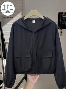 SHEIN 少女纯色贴袋宽松休闲连帽外套，秋季，万圣节，荧光色，假日/返校/开学第一天/万圣节，荧光色，秋季，冬季，秋季 - 黑色 - 查看 7