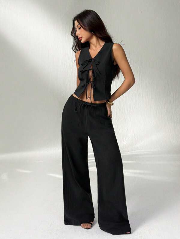 SHEIN PETITE Black Linen 2 Pieces Set, 100% Cotton, Comfortable Summer Outfits
