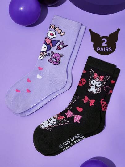 HELLO KITTY AND FRIENDS | SHEIN 2 Pairs Cotton Soft & Breathable Moisture-Wicking Kids Mid-Calf Socks Purple & Black Cute Cartoon Pattern Crew Socks Reinforced Toe & Heel For Durability Unisex For Boys & Girls All Seasons All-Match School & Outdoor