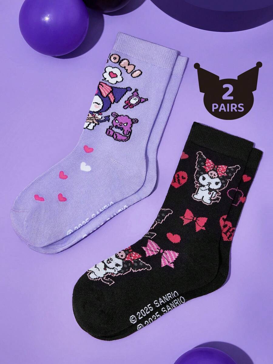 HELLO KITTY AND FRIENDS | SHEIN 2 pares de calcetines de caña media para niños suaves y transpirables de algodón, que absorben la humedad, con estampado de dibujos animados morados y negros, con refuerzo en los dedos y el talón para mayor durabilidad, unisex para niños y niñas, para todas las estaciones y todos los usos, incluyendo la escuela y al aire libre. - Multicolor - Ver 1