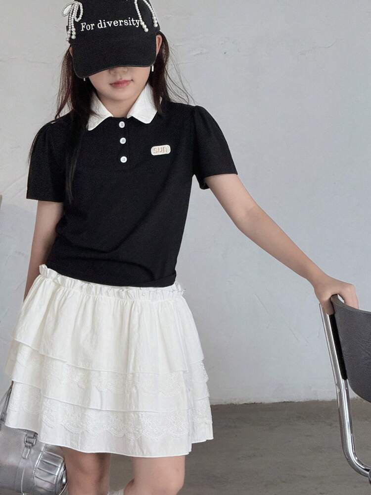 Tween Girls 2pcs Polo Shirt And Cake Skirt Set,Girls Summer Outfits,Back To School Clothes