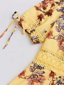 SHEIN PETITE Women's Floral Print Contrast Lace Short Sleeve Vacation Dress - Yellow - View 4