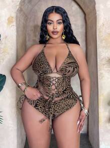 SHEIN Slayr CURVE Plus Size Women 2pcs/Set Leopard Print Hollow-Out Cross-Tied Bralette Tankini Swimwear Set - Multicolor - View 4