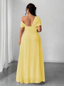 Elenzga Váy dự tiệc cưới lãng mạn thanh lịch cỡ lớn cho nữ, váy maxi dự tiệc xẻ tà một bên vai bằng vải chiffon - Màu vàng - Xem 2