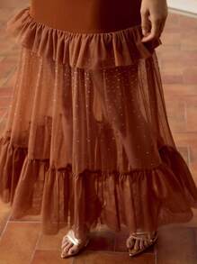 ZEYLAH Women's Elegant Patchwork Ruffle Hem Skirt - Coffee Brown - View 2