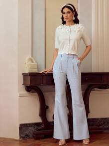 ZEYLAH Elegant 3D Floral Decor Crew Neck Cardigan Top - White - View 7