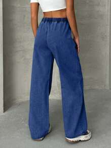EURMUSE Casual Washed Drawstring Waist Straight Leg Jeans - Medium Wash - View 2